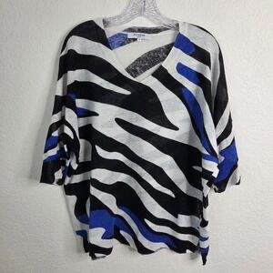 Estheme Paris Linen Top S Blue Zebra Print V-Neck Dolman Eclectic Boho Chic